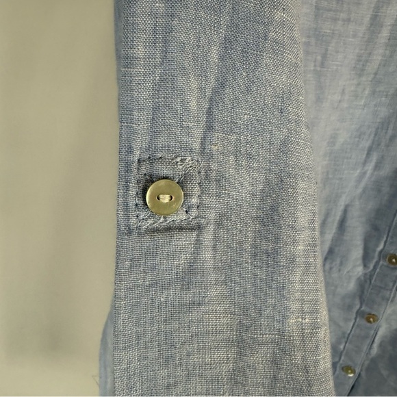 Tahari French blue 100% linen tunic shirt top split hem S Button -Up Top - Picture 7 of 14